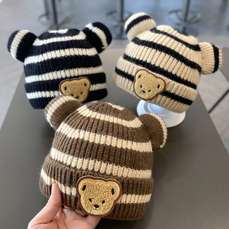 Striped Baby Bear Hat Baby Wool Hat Autumn Warm Knitted Hat ...