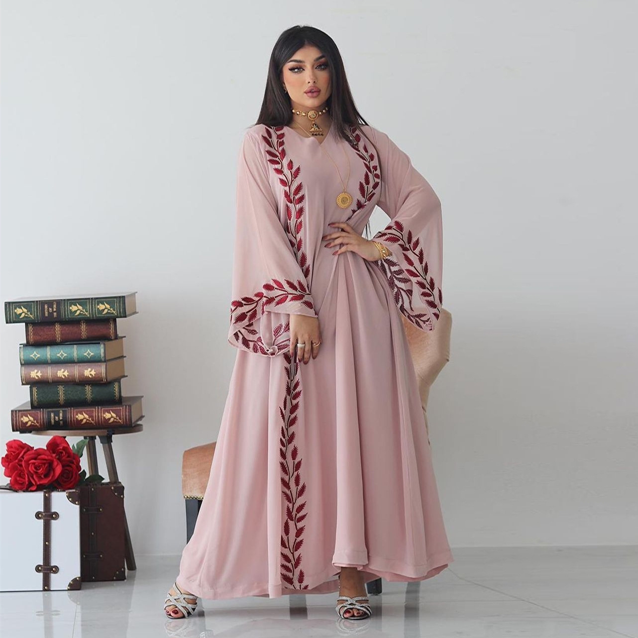 Jalabiya Pink Chiffon Dress With Headscarf