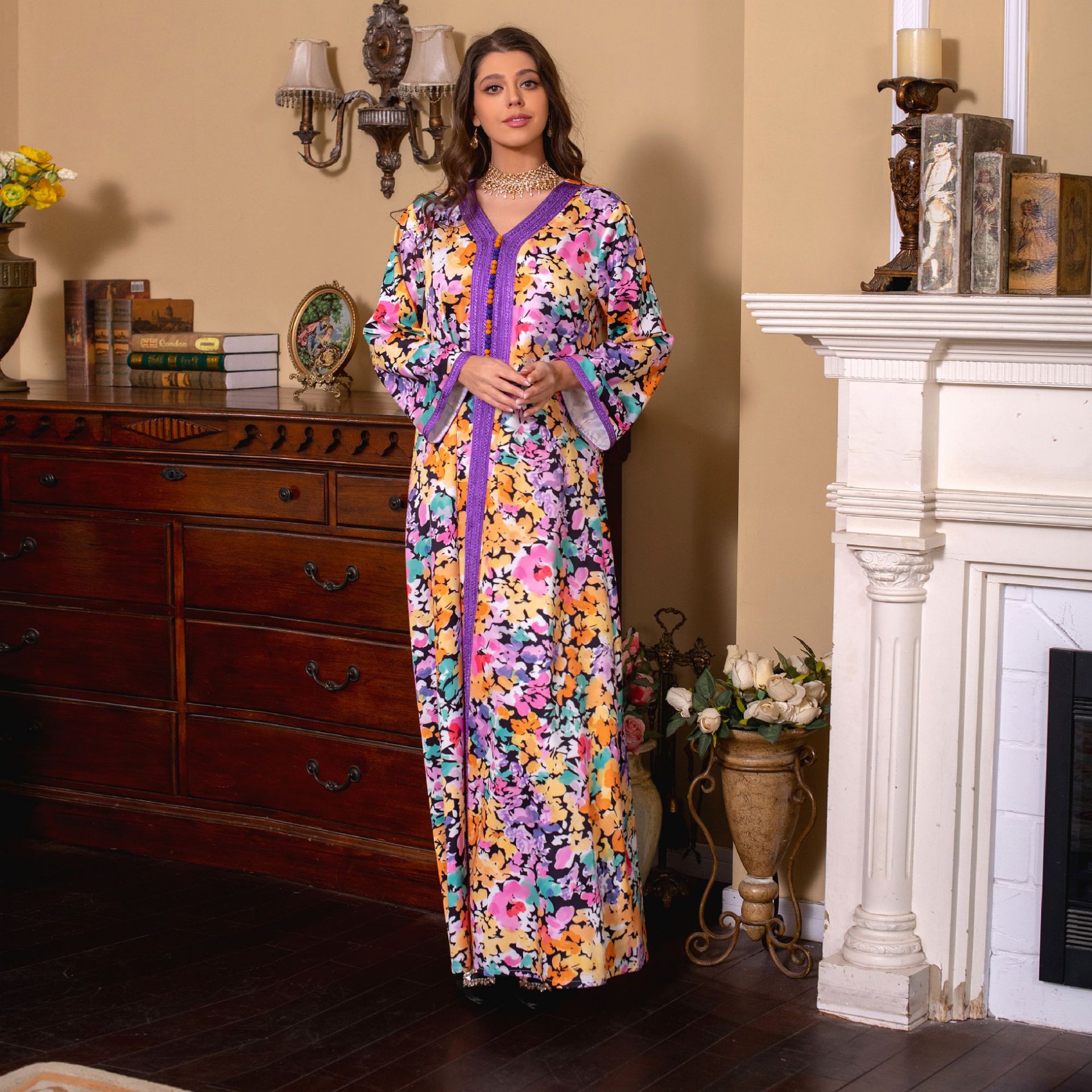 جلابية فستان قماش الخيزران مع بطانة محبوكة مطبوع