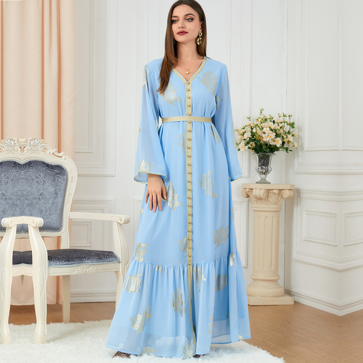 Jalabiya printing Light blue solid color printing dress