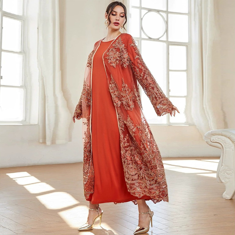 Jalabiya Embroidery Fashion Casual Mesh  dress