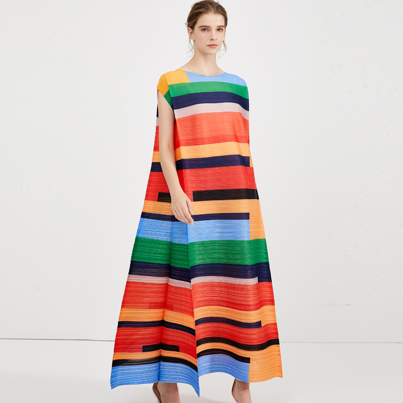 Ladies Fashion Printing Pleated Stripe Personalization Dress