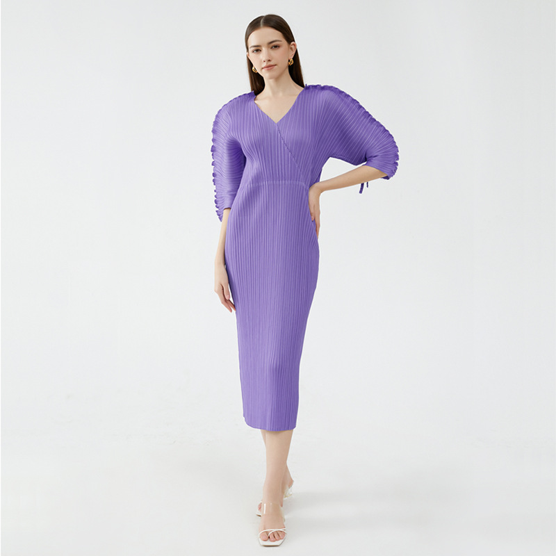 Fashion Printed solid color slim fit sleeves Pleated Dress