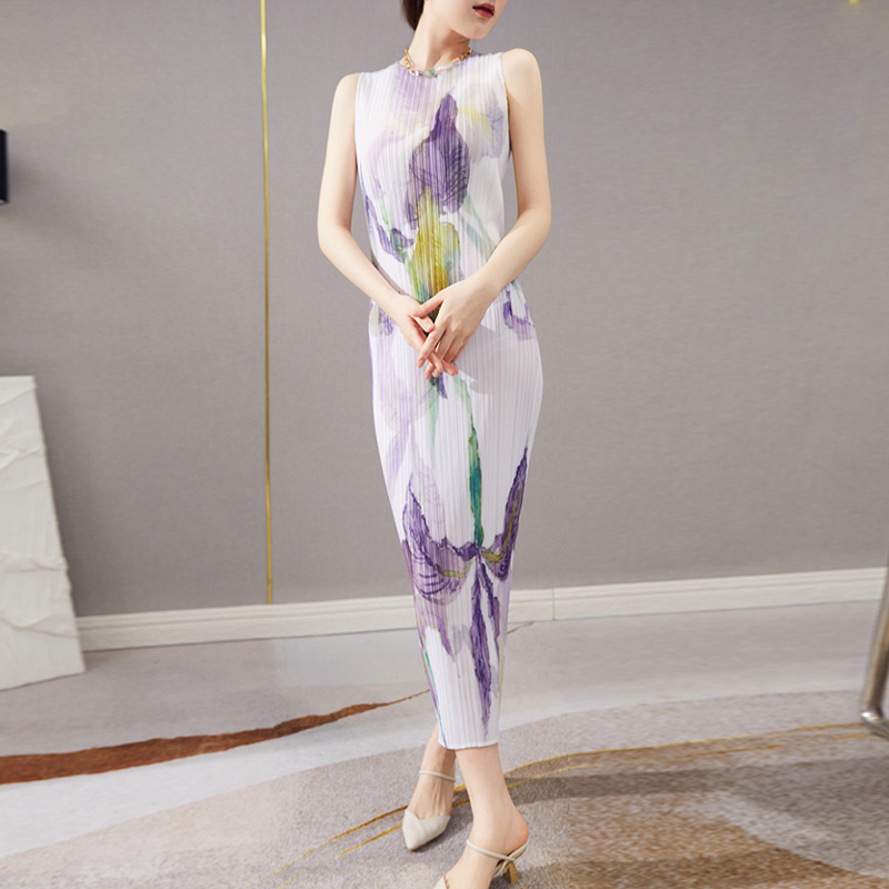 Fashion Printed Sleeveless printed straight all-match retro Pleated Dress
