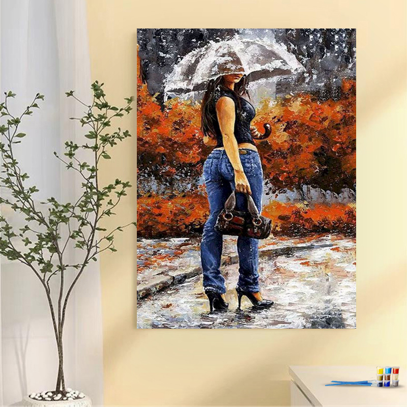 Painting by numbers rainy women diy oil painting