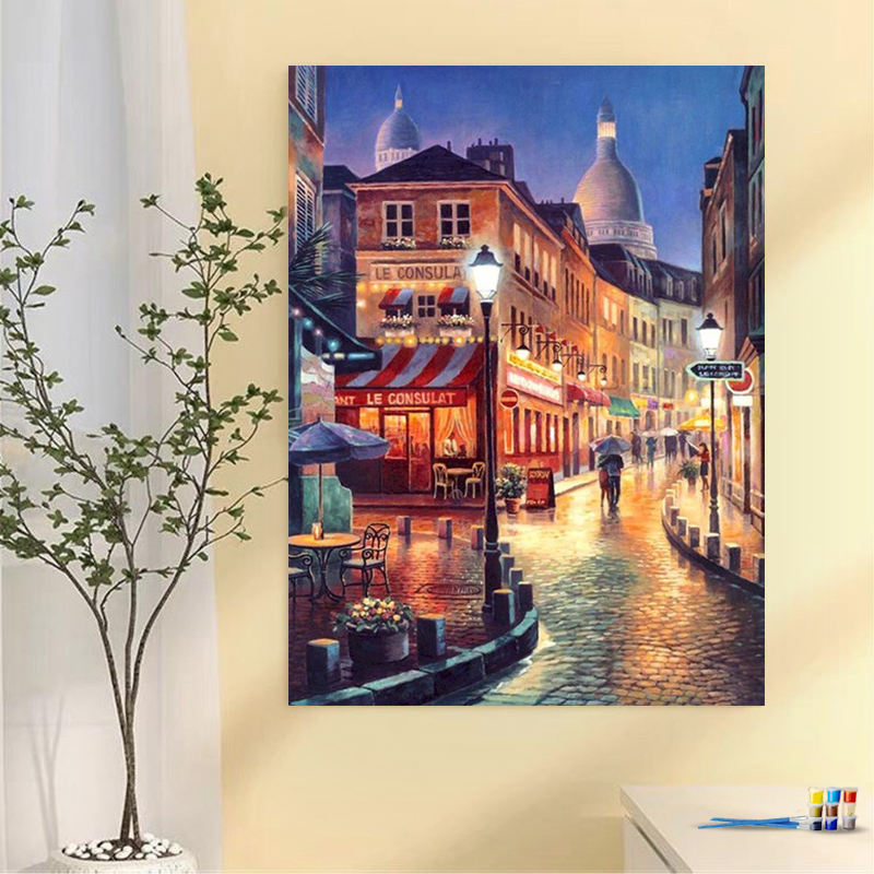 Painting by numbers beautiful building at night diy oil painting