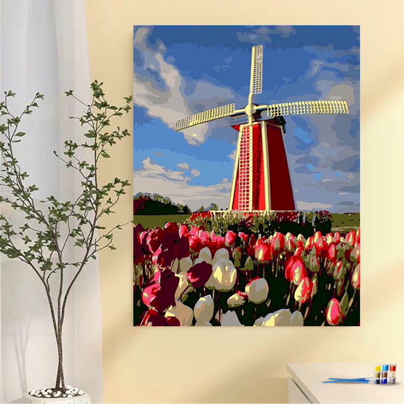 Painting by numbers windmill in tulip sea home art