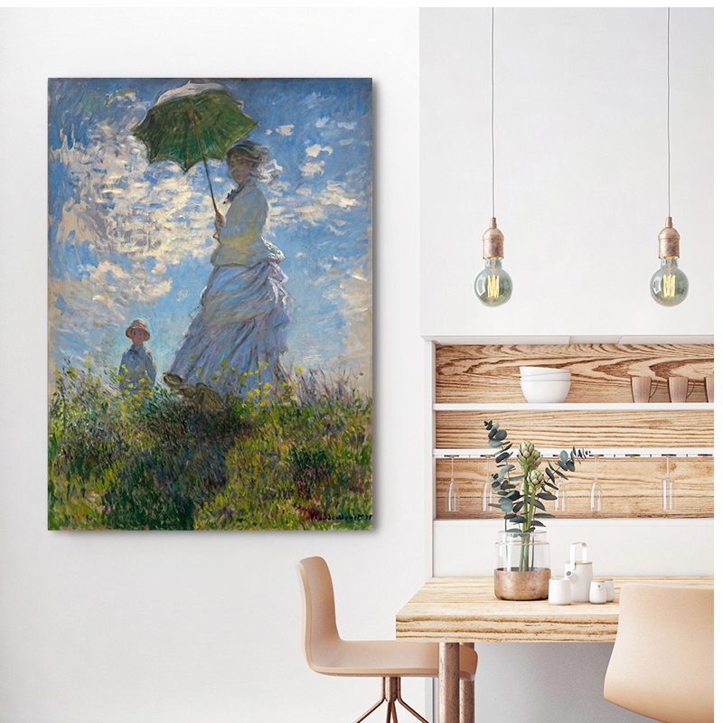 Monet's famous painting of a woman holding an umbrella, water lily garden, sunrise, living room decoration painting