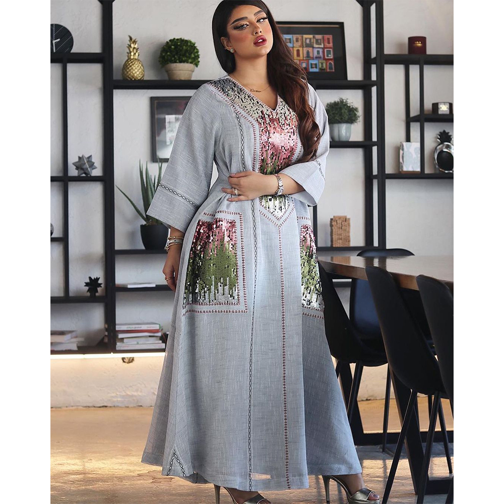 Jalabiya Beaded embroidery Striped yarn  dress