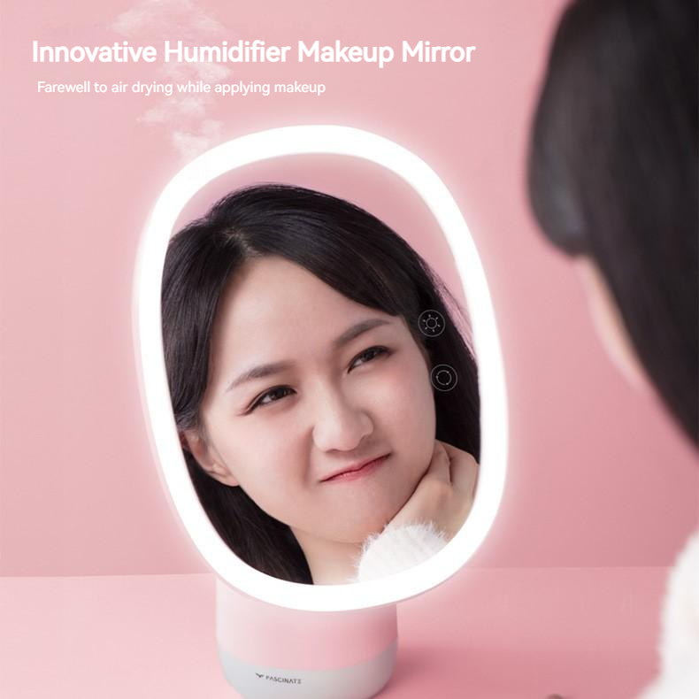 Cute Humidifier Makeup Mirror with Halo Light | 3-Color Lighting | 360° Rotation | Smart Mist Control | Hidden 5X Magnifying Mirror