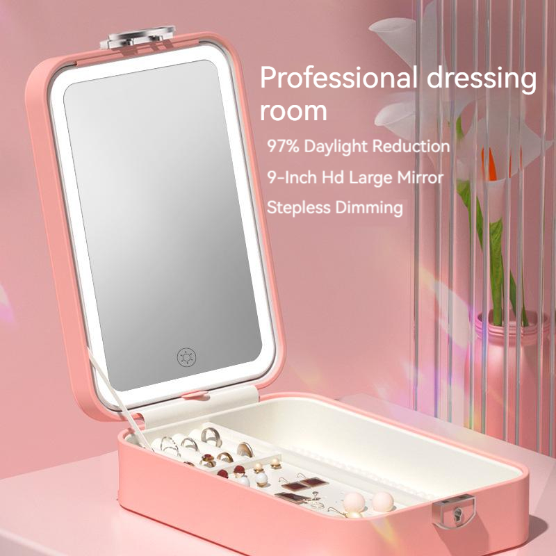 Portable 9" HD Mirror with Sunlight Restoration | Jewelry Storage | Touch Control | Stepless Dimming | Long-lasting Battery: Your On-the-Go Makeup Room for Skincare and Makeup