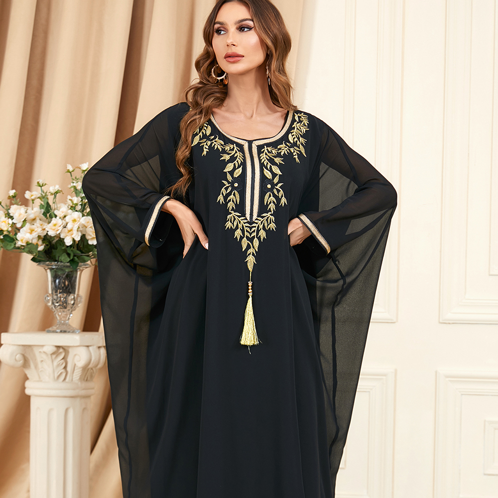 Jalabiya black cotton blend tassel dress