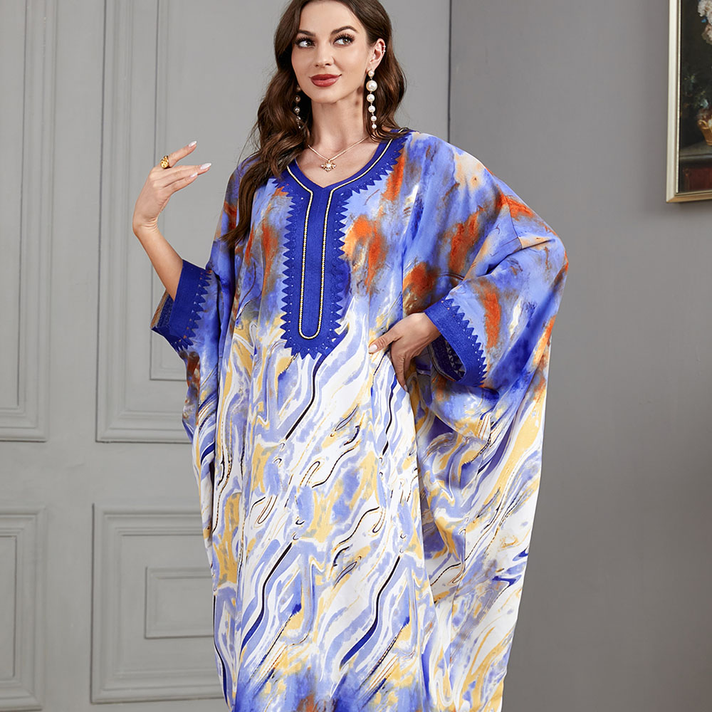 Jalabiya Vibrant printed jalabiya | Delicate lace trim on sleeves | Batwing sleeves | Exquisite and elegant maxi dress