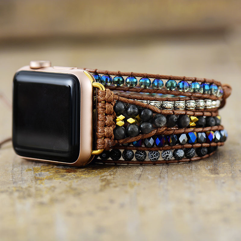 Bohemian-style Braided Apple Watch Band and Bracelet with 5-layer Wrap and Agate Beads