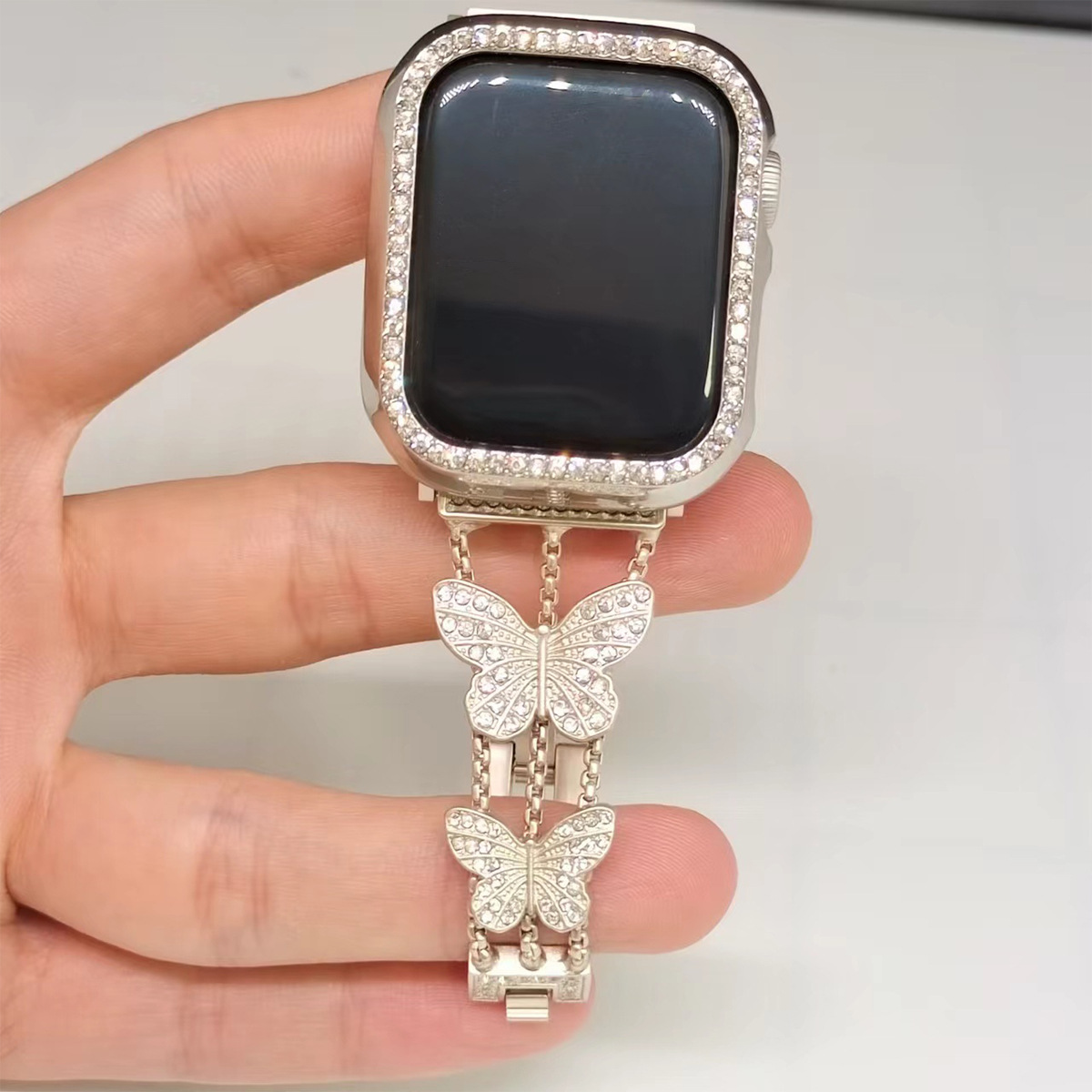 Convenient Detachable Folding Clasp iWatch Watch Band with Small Butterfly Metal and Diamond Accents