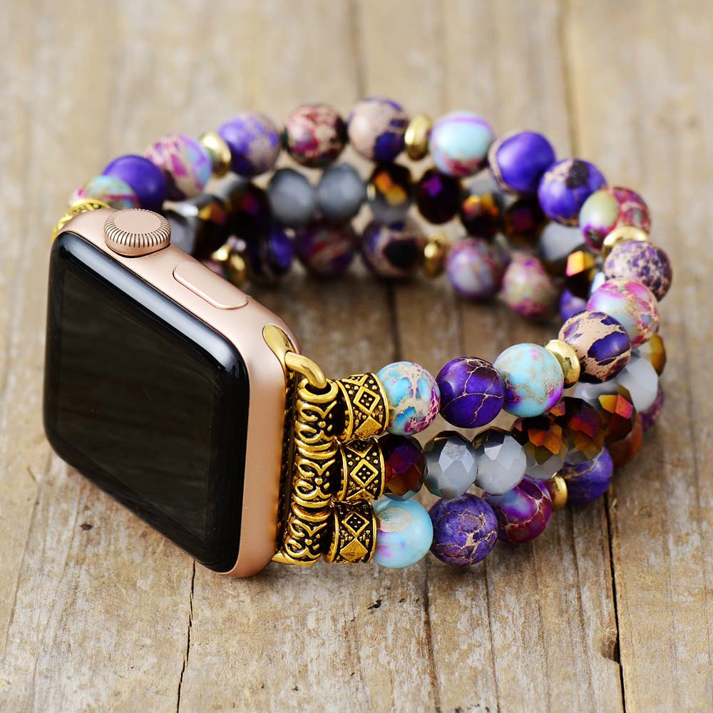 Natural Stone Handcrafted Elastic Apple Smart Watch Band with Imperial Stone Bracelet
