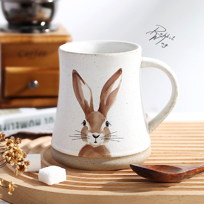 Rustic Ceramic Cup with Wide Waist and Large Capacity, adorned with Rabbit Animal Pattern, Cartoon Design
