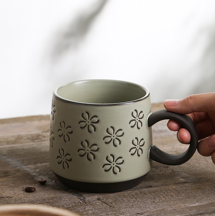 Rustic Creative Hand-Painted Ceramic Cup with Underglaze Color and Embossed Design
