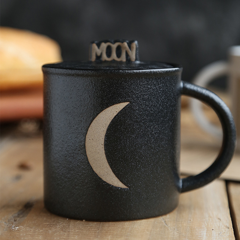 Rustic Ceramic Couples Coffee Cup with Lid, Sun and Moon Design