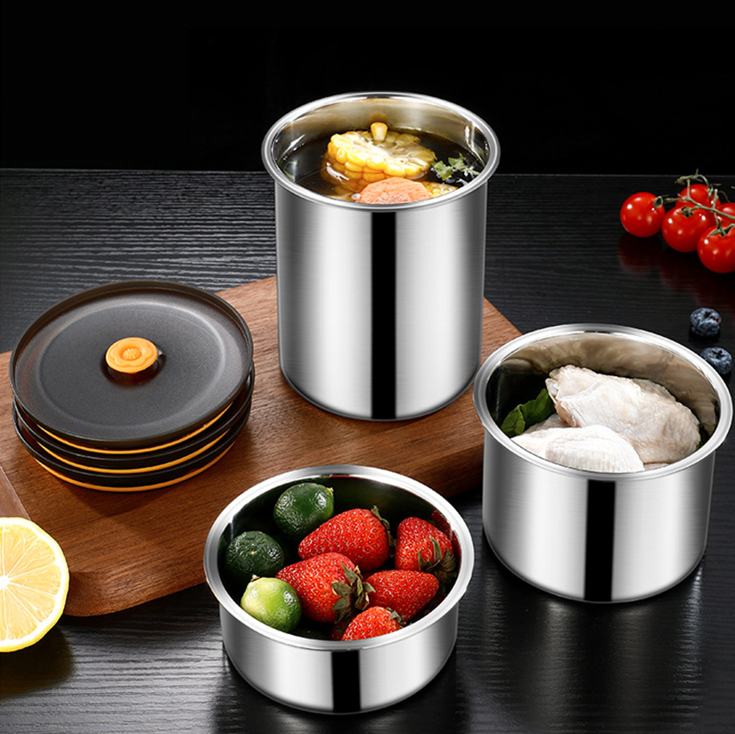 304 stainless steel round sealed food storage container for refrigerator, freezer, home use, and outdoor