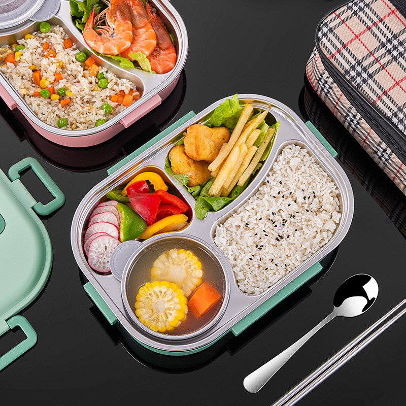  316 Stainless Steel Lunch Box with Microwave-Safe Dividers, Insulated Student Plastic Double-Layered Bento Box for Warm Food