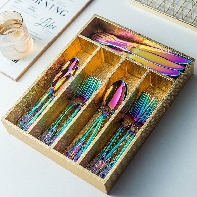 European-style palace 304 stainless steel cutlery, gold-plated, engraved, hotel steak knife fork dessert spoon 24-piece set in a gift box