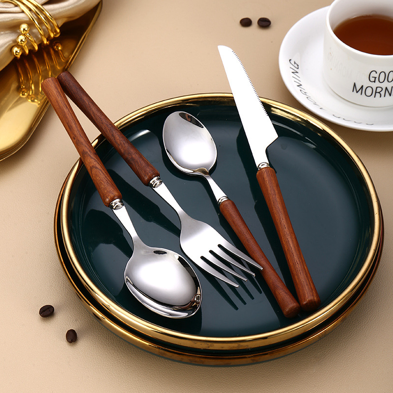 304 stainless steel wooden handle small waist shiny rosewood knife fork spoon four-piece set of Western tableware for steak