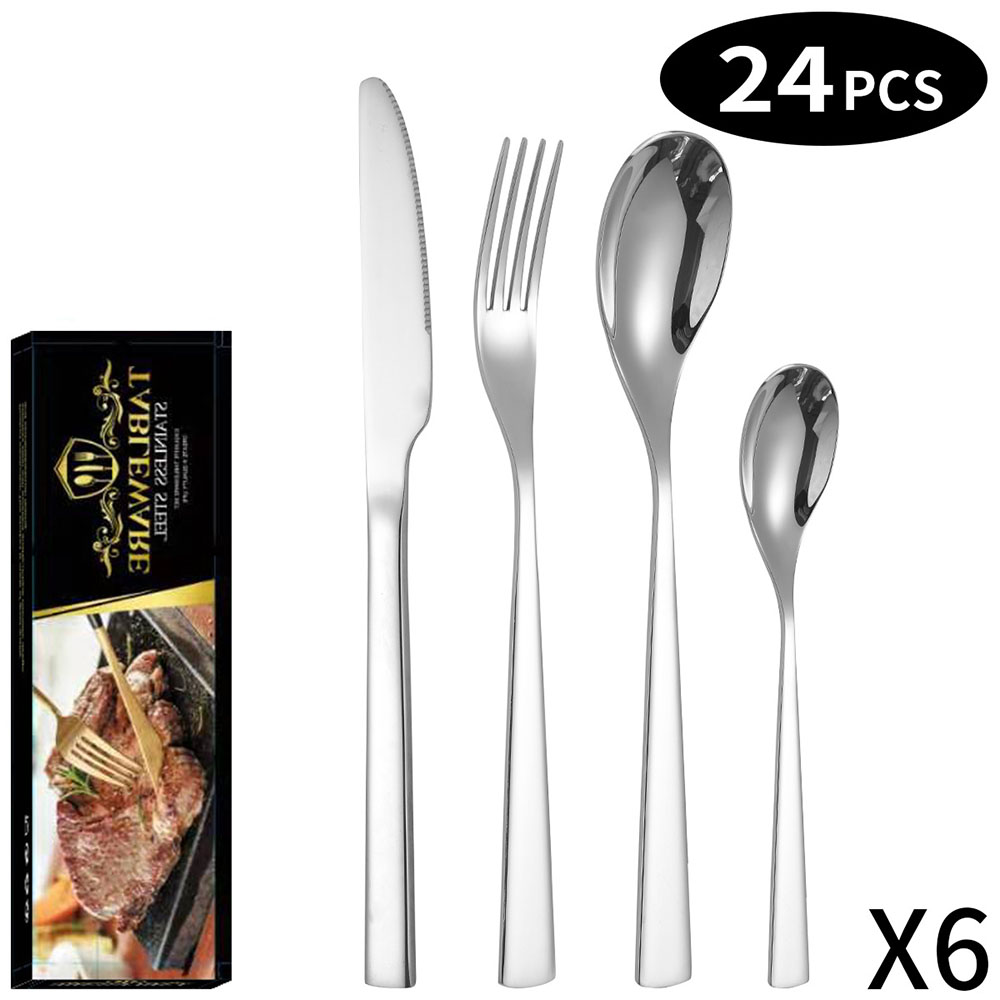 304 stainless steel steak knife fork spoon 24-piece set of household and hotel Western tableware, titanium gold-plated square handle, with cutlery gift box