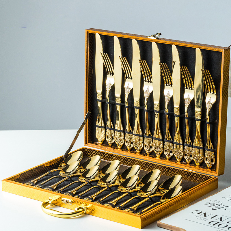 European-style palace 304 stainless steel cutlery gold-plated engraved hotel steak knife fork dessert spoon 24-piece set in a gift box