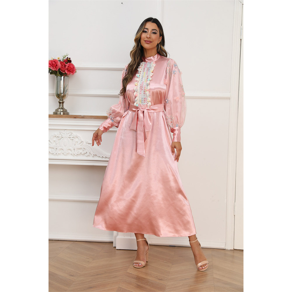 Embroidered silk satin Muslim dress with tassel details