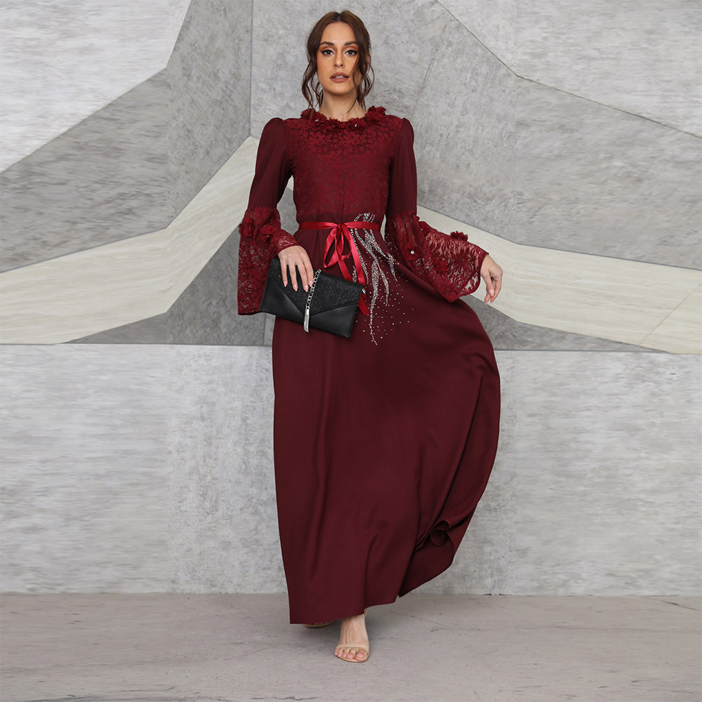 Muslim maroon lace sequin long dress