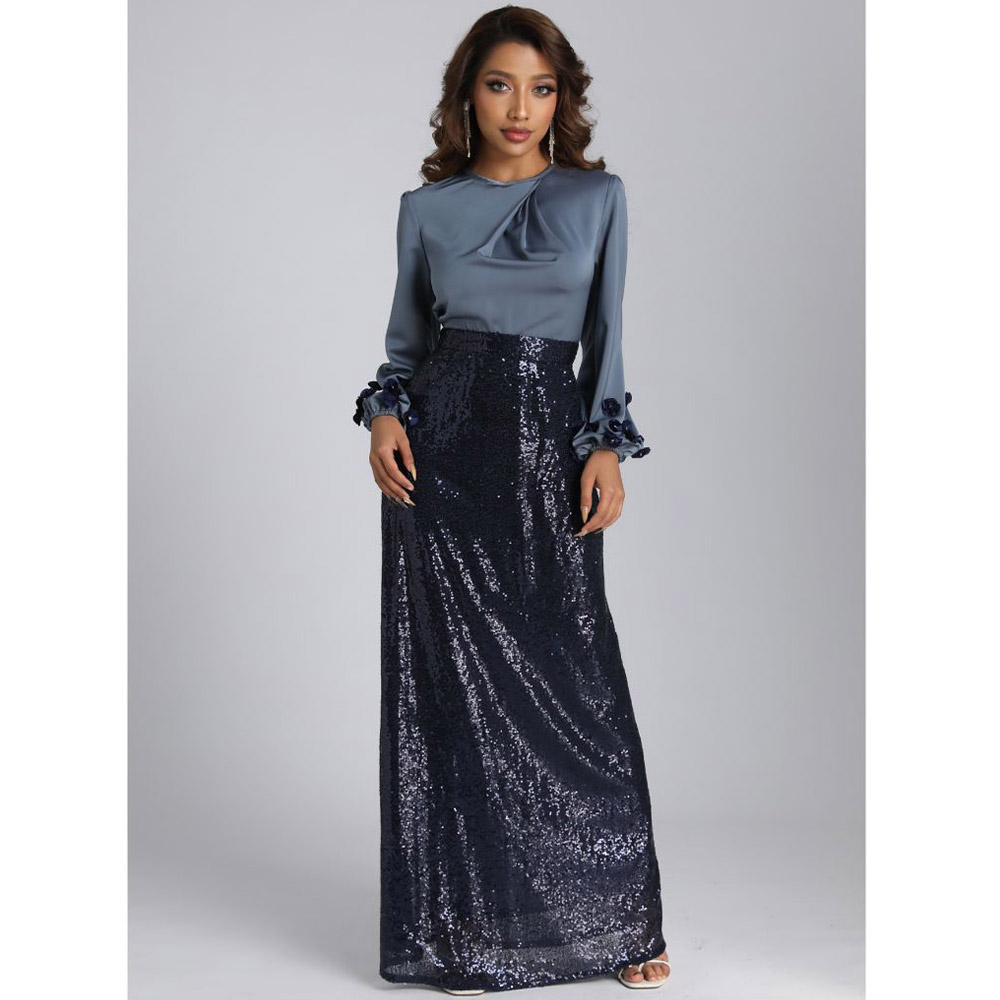 Fashionable and elegant European and American style long dress with sequins and a round neckline