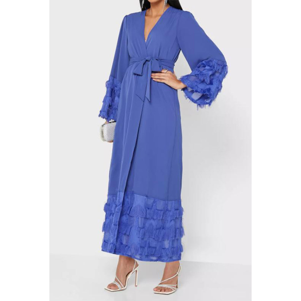 Stylish Muslim women's long robe in a solid color with ruffled sleeves, featuring a fashionable blue hue