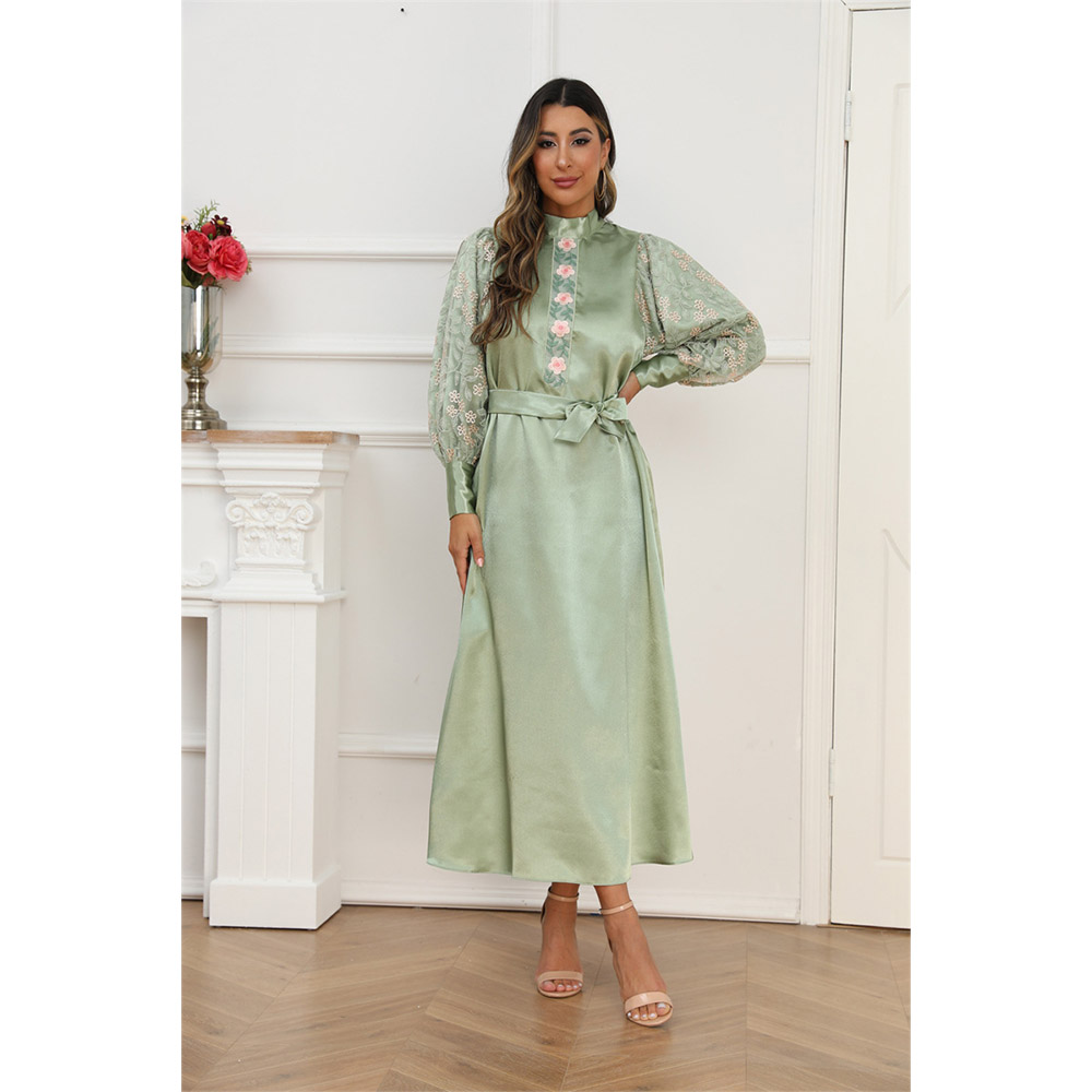 Embroidered Silk Muslim Solid Color Long Robe Dress