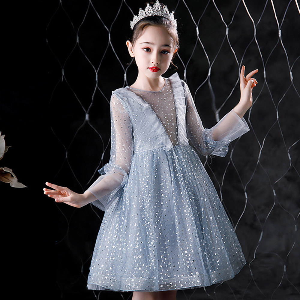 Girls' formal dress, hollow-out fluffy net tulle princess dress, children's host piano performance evening dress
