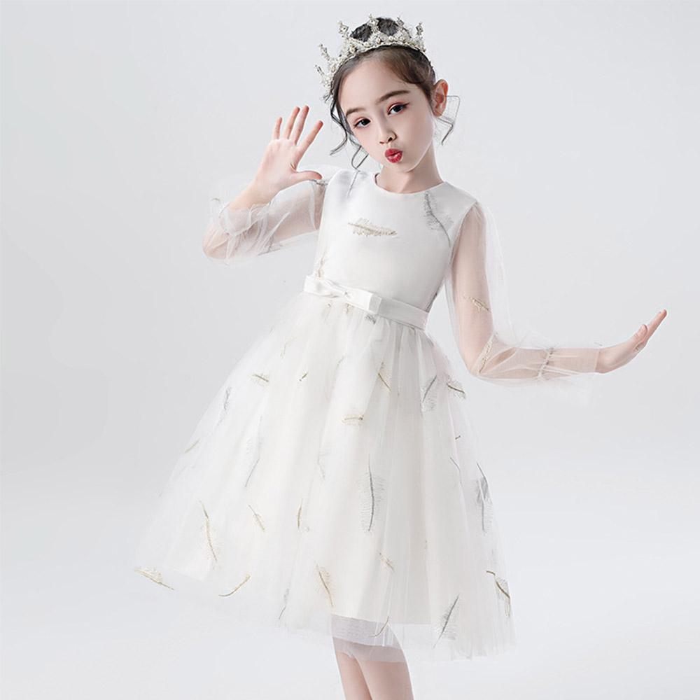 Girls' dress with net tulle, children's formal dress, princess dress for medium to large girls, long-sleeve fluffy dress