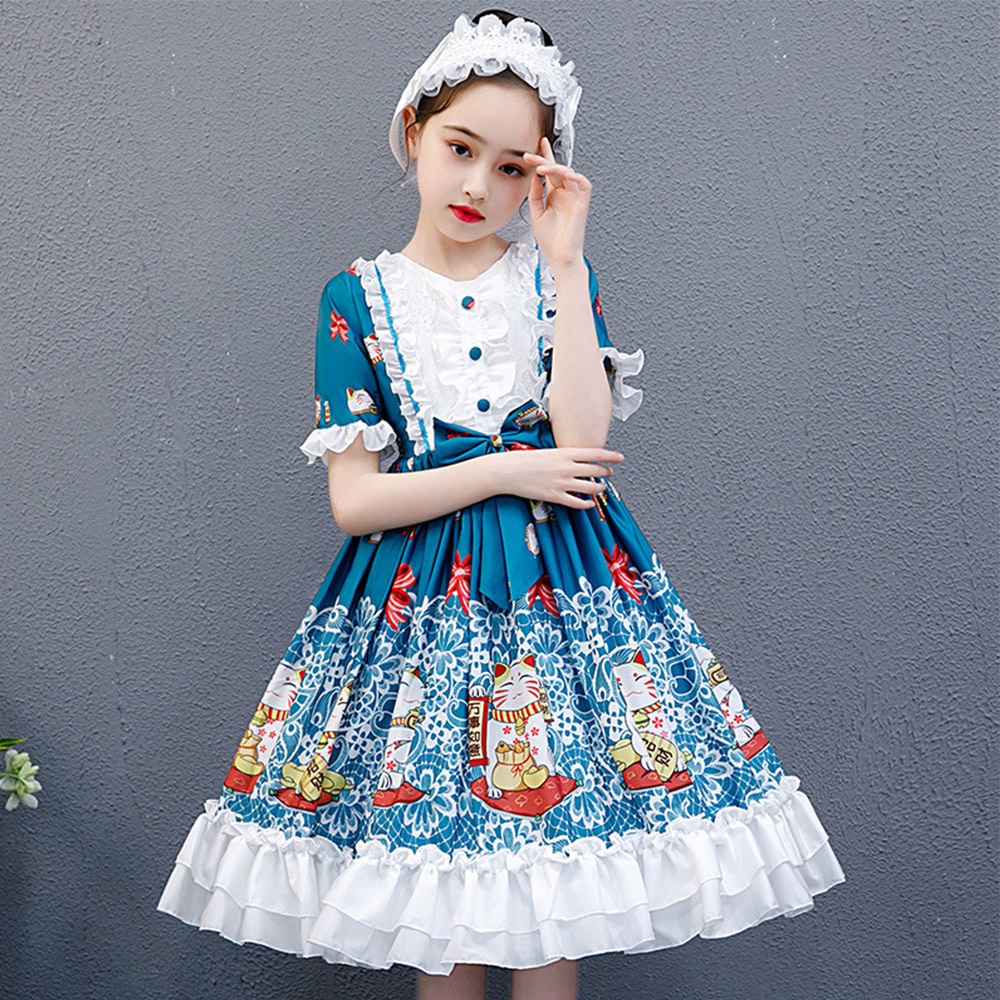 Girls' short sleeve princess dress, Japanese-style print performance dress, medium to large children's formal dress