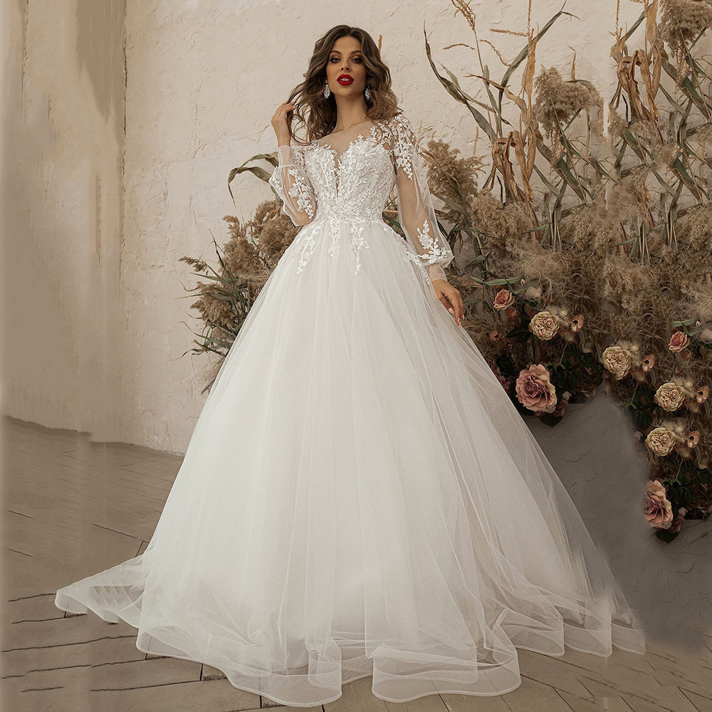3-5 days of preparation required Large trailing sexy tulle one-shoulder bubble long-sleeved wedding dress