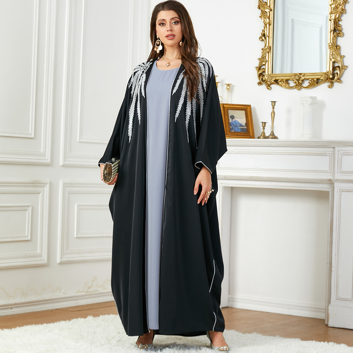 In-Stock Middle Eastern Women's Loose Long Robe Two-Piece Set with Batwing Sleeve Cardigan