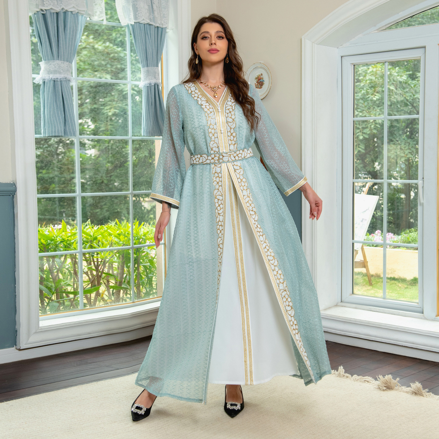 Women's Evening Dress Jalabiya Set: Embellished with Rhinestones, Exuding Luxury and Elegance