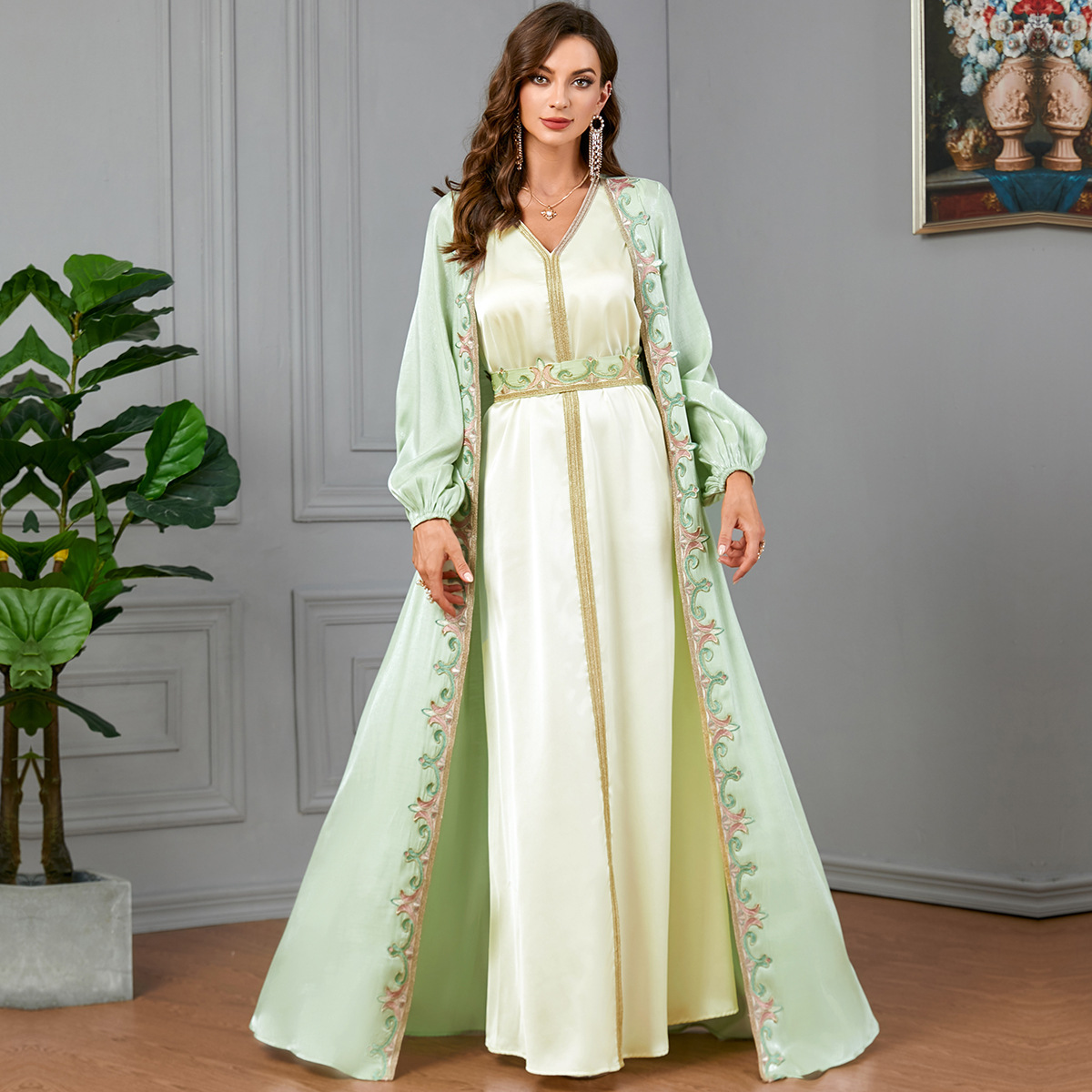 Women's Long Robe Set - Two-Piece European and American Style Long Sleeve Patchwork Abaya Dress