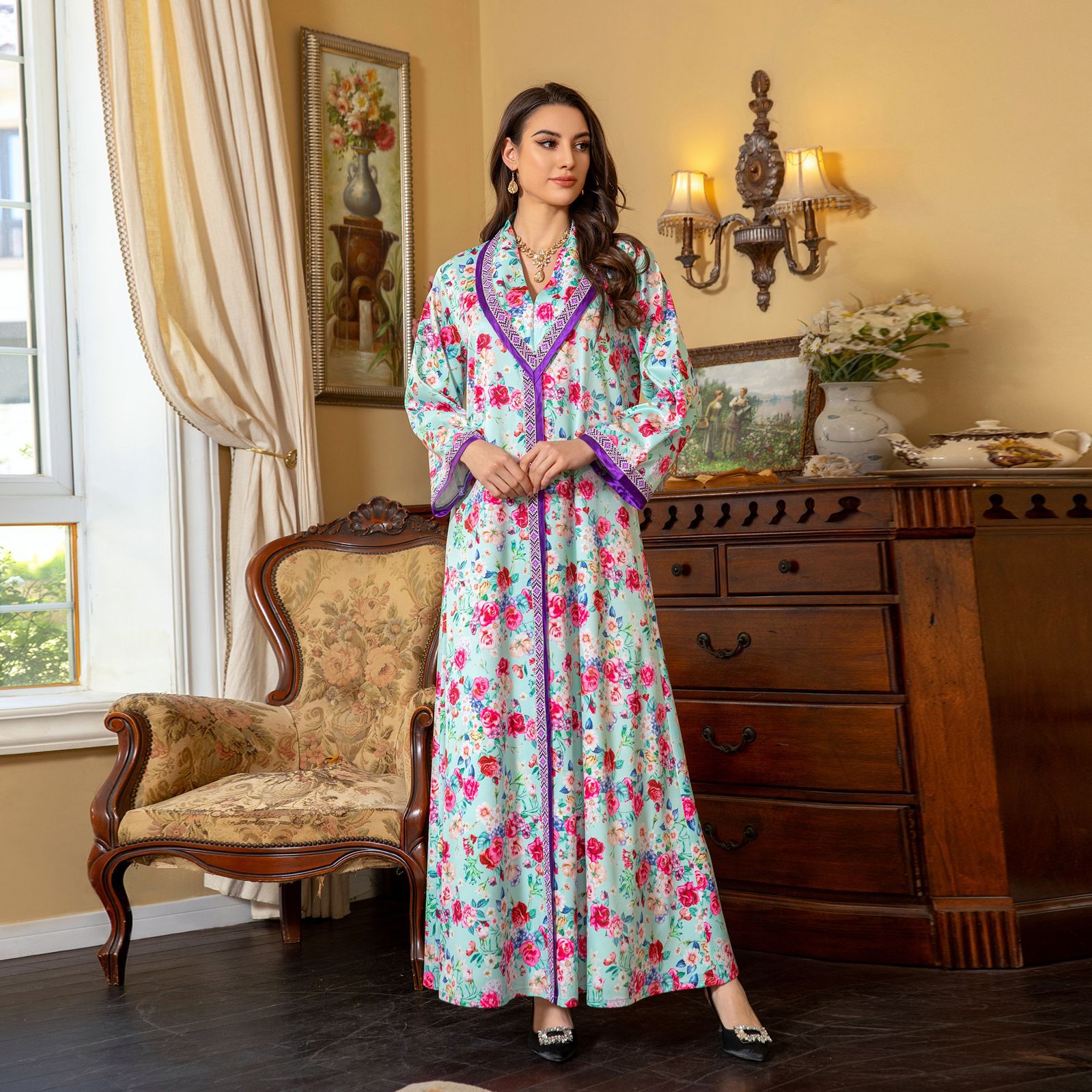 Spring New Muslim Women's Arabic Fashion Printed Diamond Dress