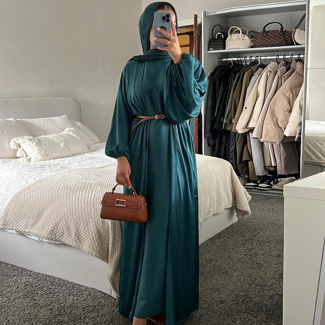 Fashionable Solid Color Abaya Two Piece Turkish Dress