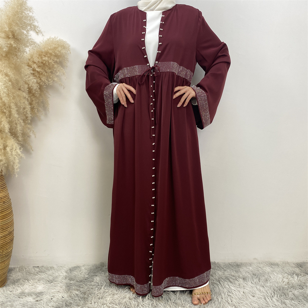 Solid color beaded Muslim robe dress with side pockets