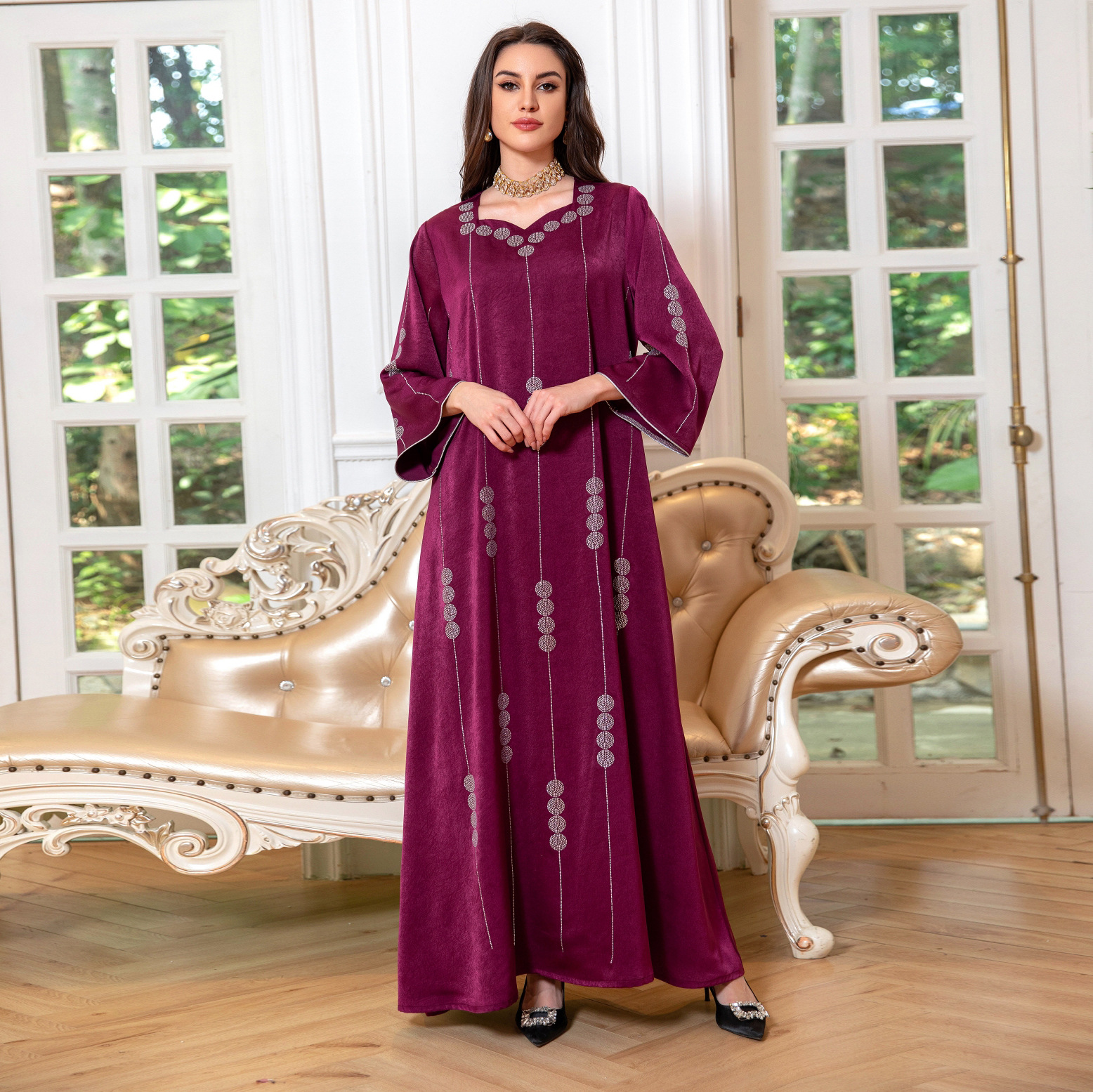 Satin Rhinestone Fashion Dress, Elegant Jalabiya Robe