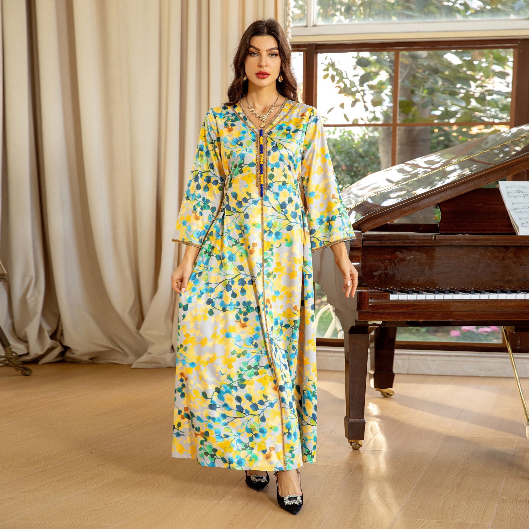 Printed Fashion Dress with Hot-Fix Rhinestones and Gold Waist Cord Robe