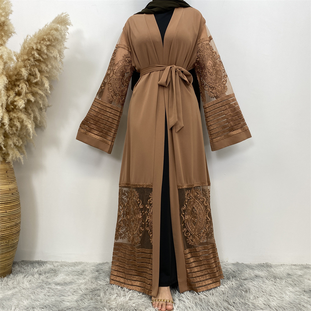 Fashionable Hot-Selling Women's Open Front Cardigan with Embroidered Mesh Robe Dress