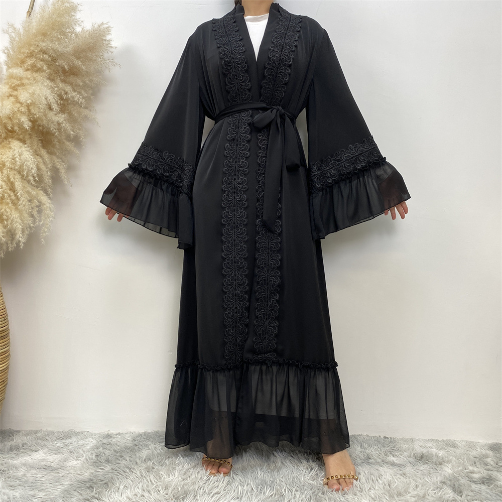 Middle Eastern New Style Black Floral Embroidery Tie-front Open Cardigan Robe