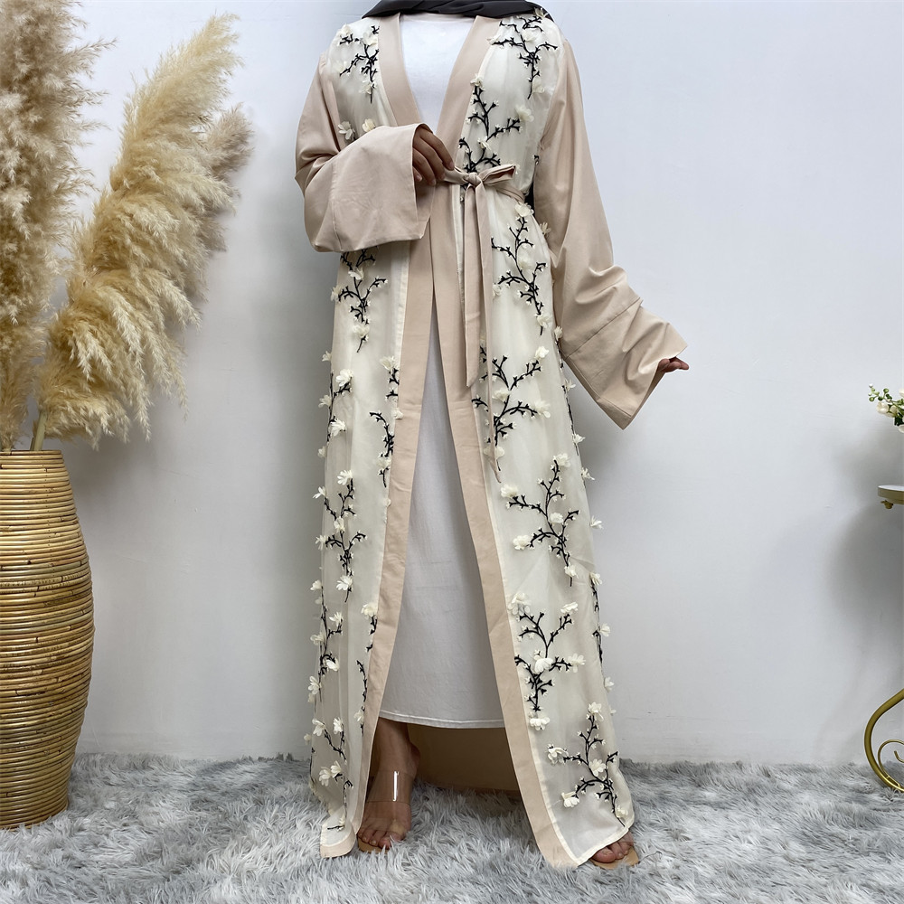 New Abaya Women's Robe, High-End Open Front Cardigan with 3D Floral Embroidery