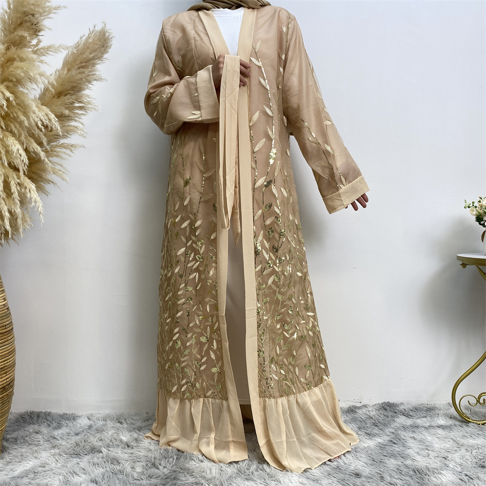 Fashionable New Women's Lace Elegant Open Front Cardigan with Leaf Embroidery and Sequin Muslim Robe